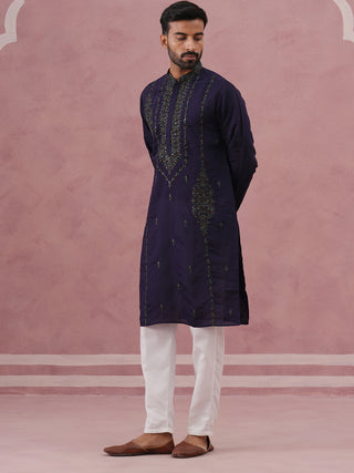 Navy Blue Silk Blend Embroidered Kurta Pyjama Set
