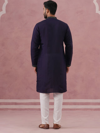 Navy Blue Silk Blend Embroidered Kurta Pyjama Set
