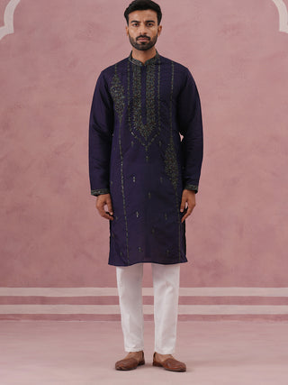 Navy Blue Silk Blend Embroidered Kurta Pyjama Set