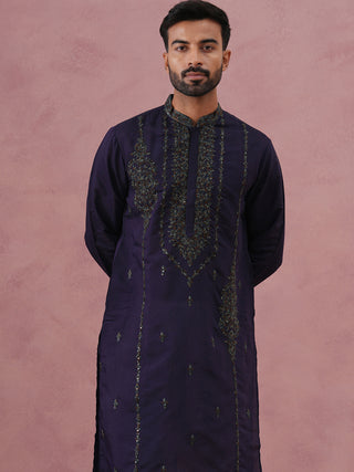 Navy Blue Silk Blend Embroidered Kurta Pyjama Set