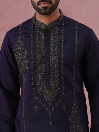 Navy Blue Silk Blend Embroidered Kurta Pyjama Set