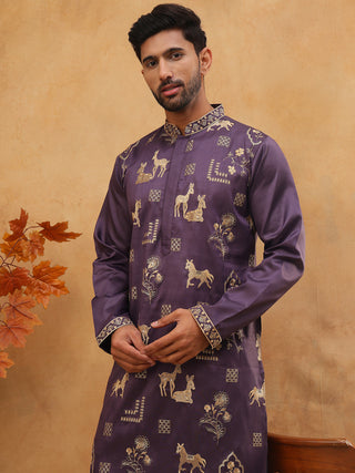 Men Silk Blend Kurta Pyjama with Embroidery