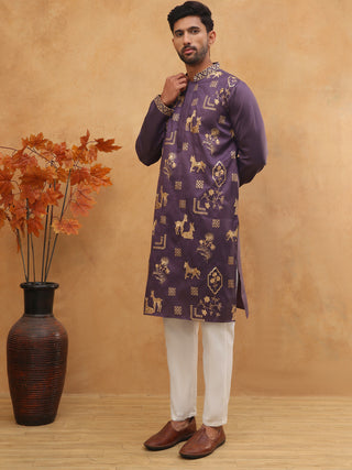 Men Silk Blend Kurta Pyjama with Embroidery