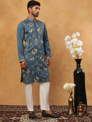 Men Silk Blend Kurta Pyjama with Embroidery