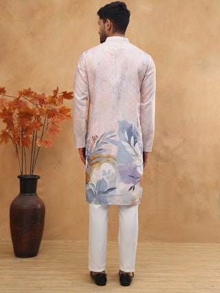 Printed Cotton Blend Kurta Pyjama with Thread Work