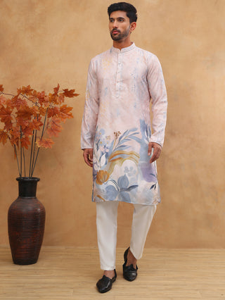 Printed Cotton Blend Kurta Pyjama with Thread Work