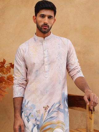 Printed Cotton Blend Kurta Pyjama with Thread Work