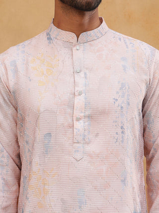 Printed Cotton Blend Kurta Pyjama with Thread Work