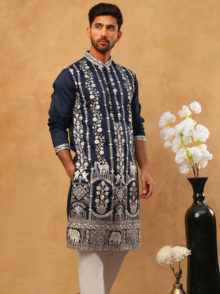 Men Silk Blend Embroidered Kurta Pyjama