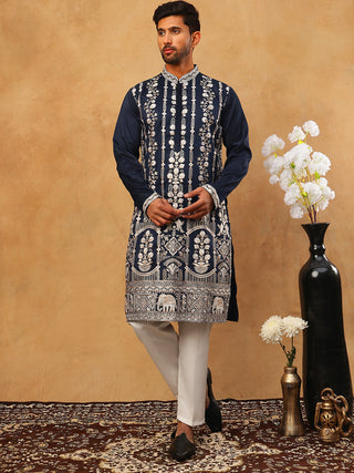 Men Silk Blend Embroidered Kurta Pyjama