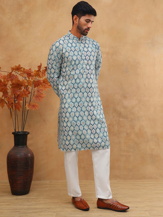 Printed Cotton Blend Kurta Pyjama with Thread Work