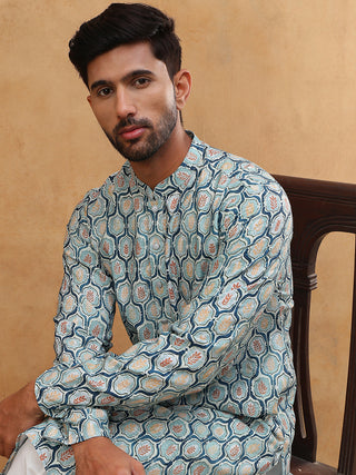 Printed Cotton Blend Kurta Pyjama with Thread Work