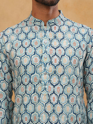 Printed Cotton Blend Kurta Pyjama with Thread Work