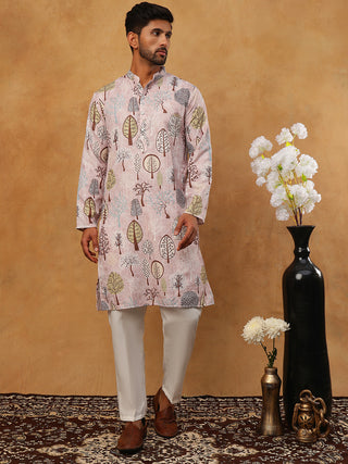 Printed Cotton Blend Kurta Pyjama with Thread Work