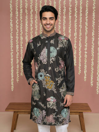 Black Silk Blend Embroidered Kurta Pyjama