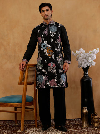 Black Silk Blend Embroidered Kurta With Korean Pants
