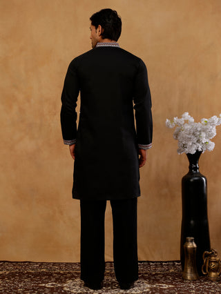 Black Silk Blend Embroidered Kurta With Korean Pants