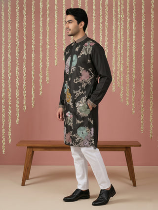 Black Silk Blend Embroidered Kurta Pyjama