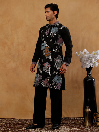 Black Silk Blend Embroidered Kurta With Korean Pants