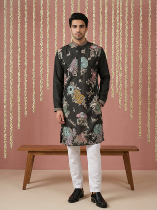 Black Silk Blend Embroidered Kurta Pyjama