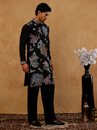 Black Silk Blend Embroidered Kurta With Korean Pants