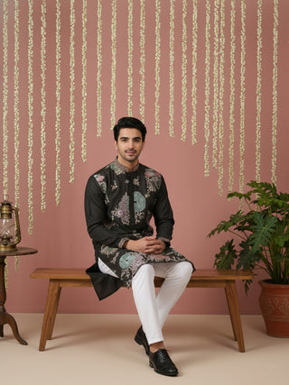 Black Silk Blend Embroidered Kurta Pyjama