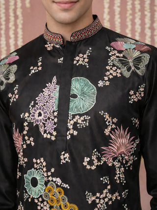 Black Silk Blend Embroidered Kurta Pyjama