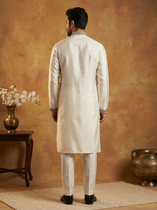 White Silk Blend Embroidered Kurta Pyjama