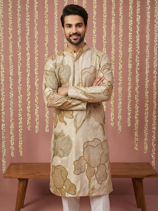 Silk Blend Kurta Pyjama with Embroidery and Print