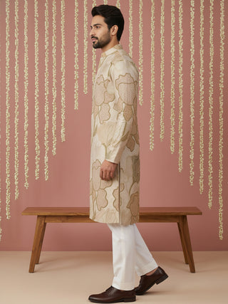 Silk Blend Kurta Pyjama with Embroidery and Print
