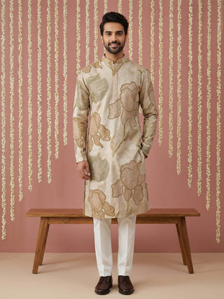 Silk Blend Kurta Pyjama with Embroidery and Print