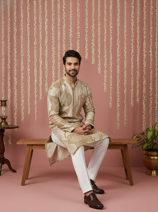 Silk Blend Kurta Pyjama with Embroidery and Print