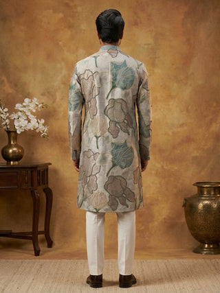 Silk Blend Kurta Pyjama with Embroidery and Print