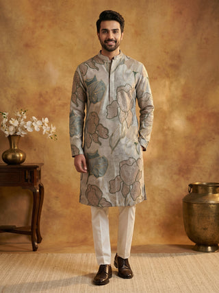 Silk Blend Kurta Pyjama with Embroidery and Print