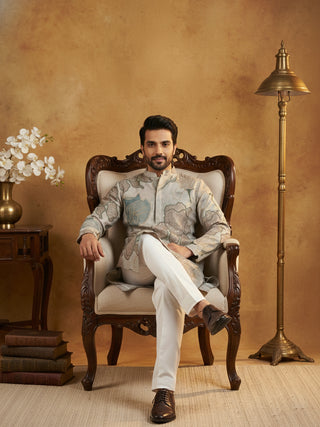 Silk Blend Kurta Pyjama with Embroidery and Print