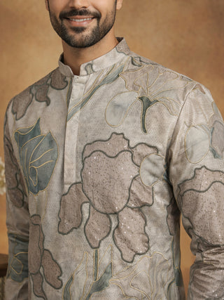 Silk Blend Kurta Pyjama with Embroidery and Print