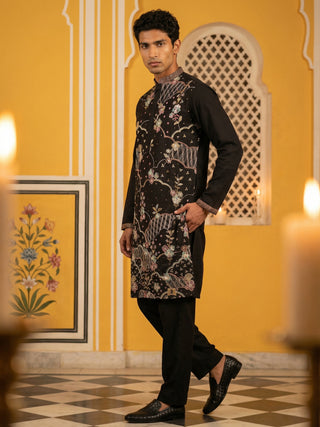 Black Silk Blend Embroidered Kurta Pyjama