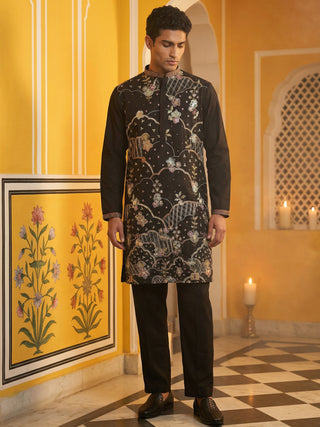 Black Silk Blend Embroidered Kurta Pyjama