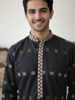 Men Silk Blend Embroidered Kurta Pyjama Set
