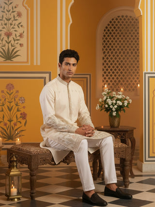 Men Silk Blend Embroidered Kurta Pyjama Set