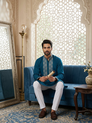 Embroidered Silk Blend Straight Kurta Pyjama