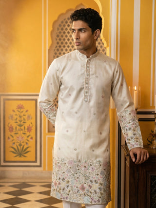 Men Silk Blend Embroidered Kurta Pyjama Set
