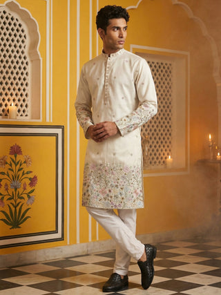Men Silk Blend Embroidered Kurta Pyjama Set