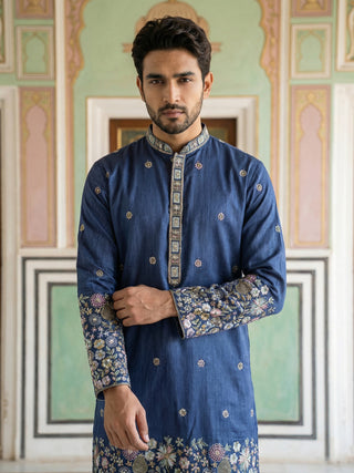Men Silk Blend Embroidered Kurta Pyjama Set