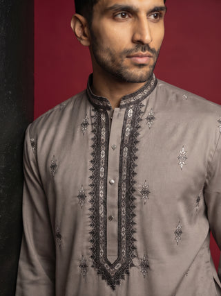 Men Embroidered Silk Blend Kurta with Korean Pants