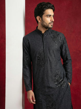 Men Black Embroidered Festive Kurta Pyjama Set