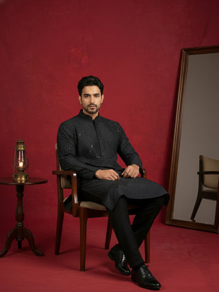 Men Black Embroidered Festive Kurta Pyjama Set