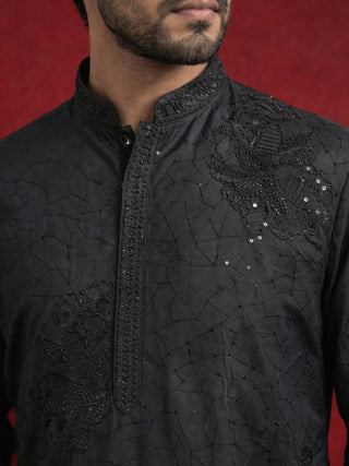 Men Black Embroidered Festive Kurta Pyjama Set