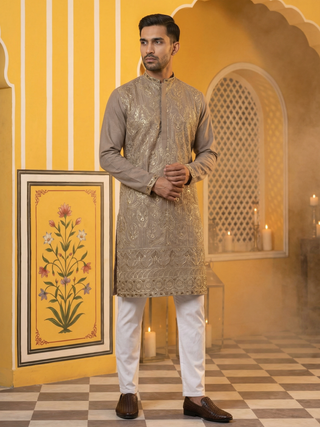 Embroidered Silk Blend Kurta Set for Men