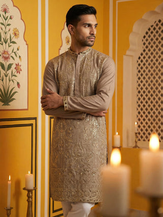 Embroidered Silk Blend Kurta Set for Men